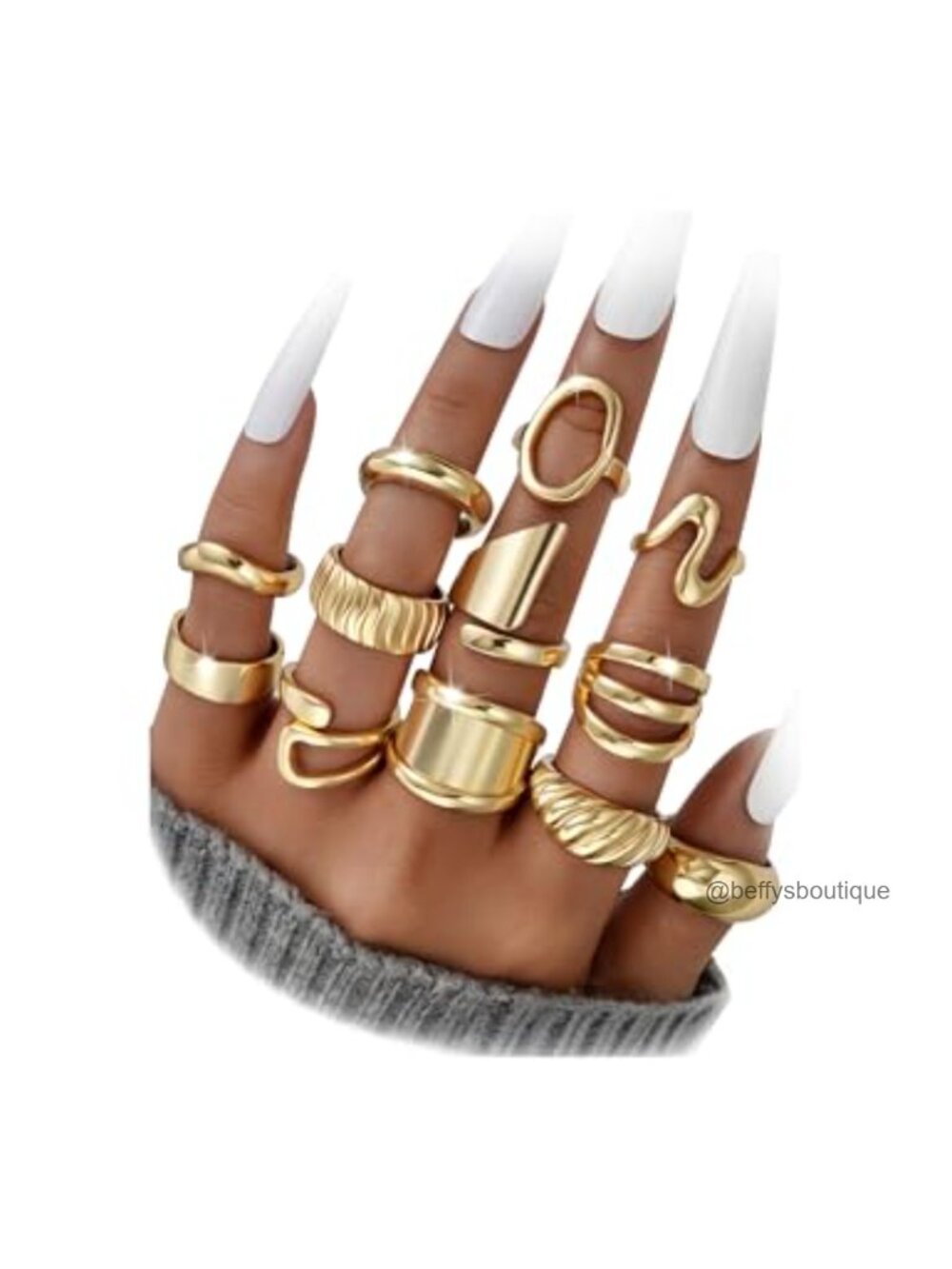 18K Gold Plated Stackable Rings Set - 12 Piece Chunky Band Rings for Women